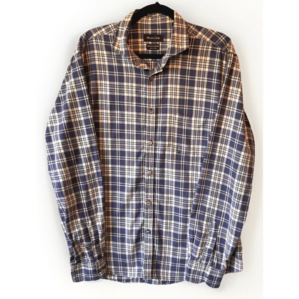MASSIMO DUTTI Shirt Men's SIZE XL Blue Plaid Tessuto Italiano‎ Cotton